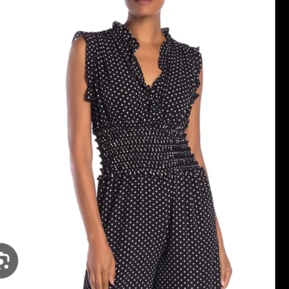 Polka Dot Smocked Wide-Leg Jumpsuit - Black